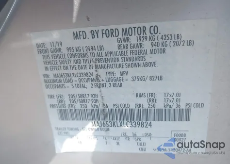 2020 Ford Ecosport Titanium z USA, uszkodzony, nr VIN MAJ6S3KLXLC339824